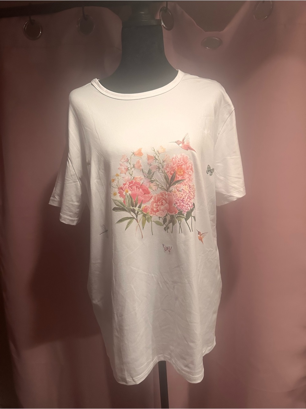 & Other Stories White Tee with Pink Floral and Hummingbird Motif